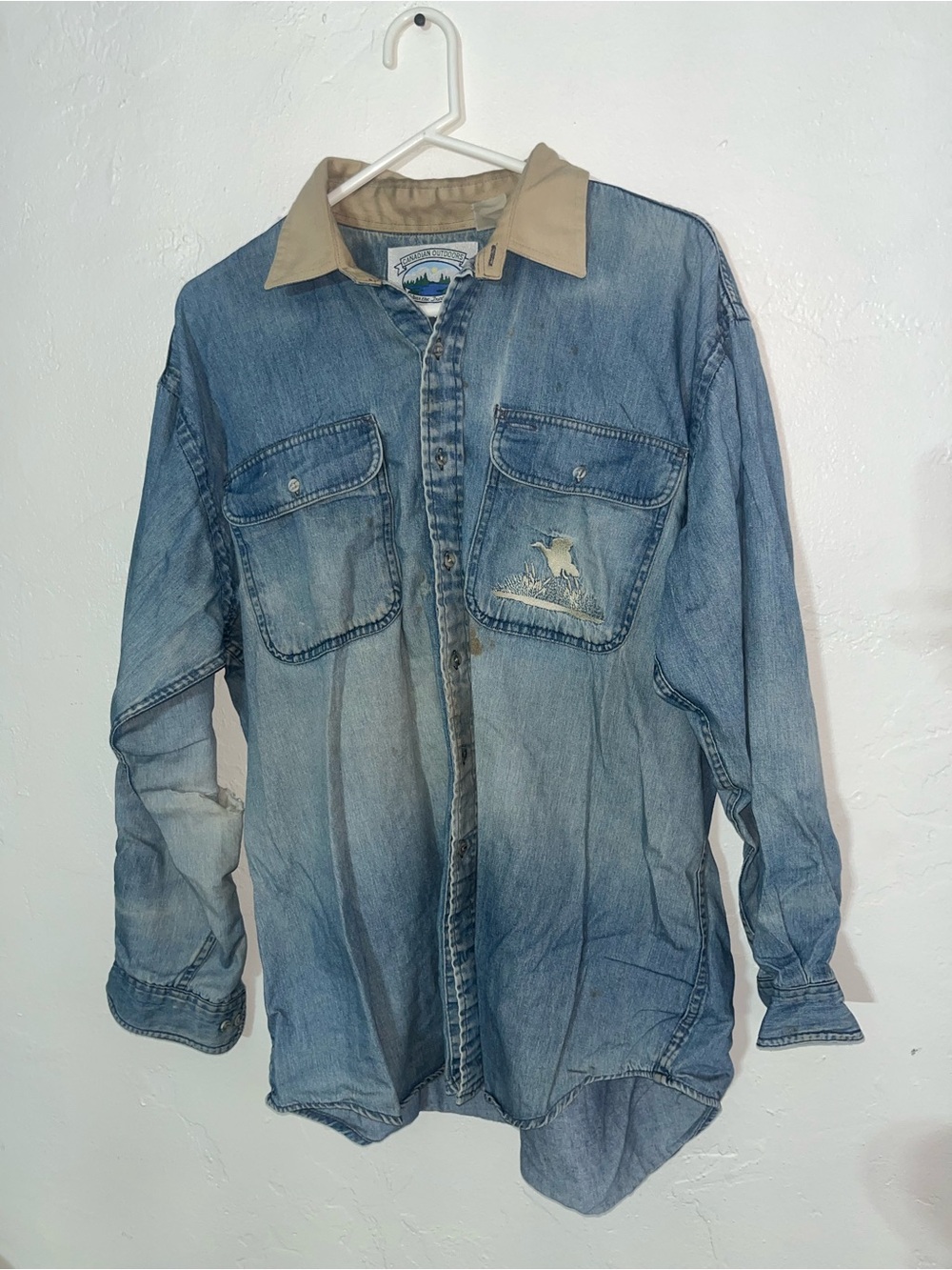 Canadian Outdoors Perfectly Distressed Embroidered Light Blue Denim Shirt Jacket